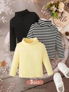 Cozy Pixies 3PCS Baby Girls Autumn Tops School Formal Black Black And White Butter Yellow Casual Modest - Multicolor - View 1