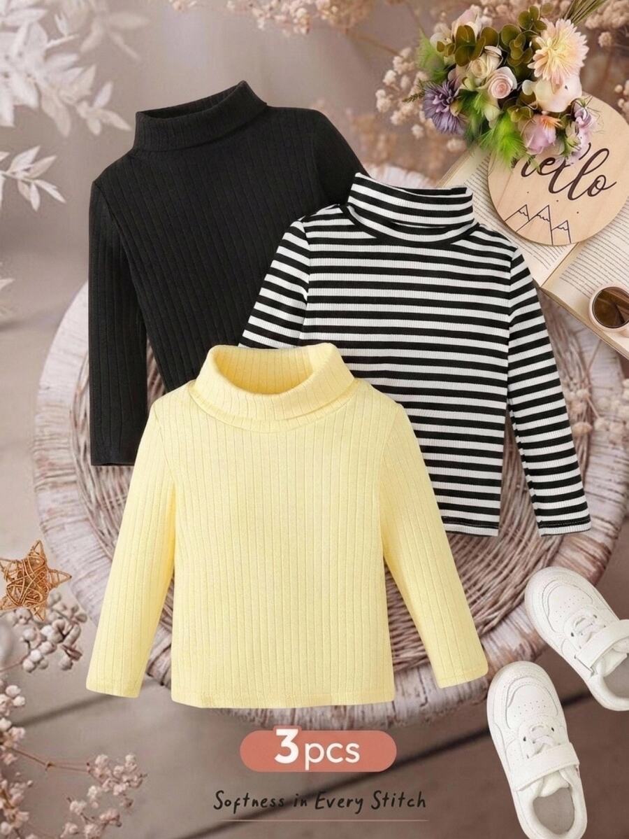 Cozy Pixies 3PCS Baby Girls Autumn Tops School Formal Black Black And White Butter Yellow Casual Modest - Multicolor - View 1