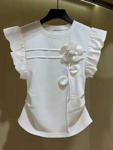 SHEIN 少女優雅可愛休閒 3D 花卉荷葉邊無袖圓領 T-shirt，夏季穿搭，舒適日常簡約，度假校園白色 - 白色 - 查看 8