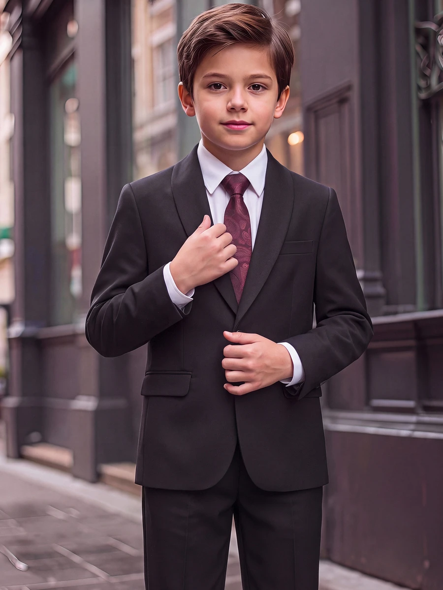 SHEIN 2pcs/Set Kids Tween Boy Minimalist Silhouette Premium Black Suit Set, Suitable For Wedding Season, Casual School, Comfortable Fashion, Simple Practical Versatile Soft Fabric, Suitable For Daily Wear, Suitable For School, Suitable For Holiday Party, Wearable All Seasons