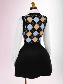 Amplova Women's Diamond Grid Print Casual Everyday Knit Dress - Black - View 12