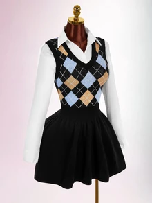 Amplova Women's Diamond Grid Print Casual Everyday Knit Dress - Black - View 9