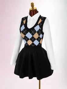 Amplova Women's Diamond Grid Print Casual Everyday Knit Dress - Black - View 5