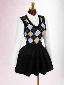 Amplova Women's Diamond Grid Print Casual Everyday Knit Dress - Black - View 6