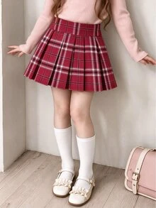 SHEIN 少女格紋百褶裙 學院風可愛校園生日風格迷你裙褲 聖誕酒紅色秋季 - 紅色 - 查看 4