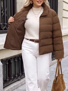 SHEIN LUNE Chaqueta de invierno casual versátil y cálida para tallas grandes - Café integral - Ver 3