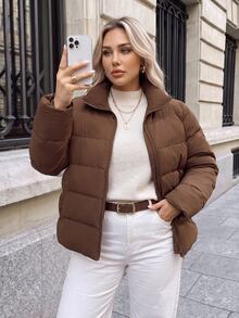 SHEIN LUNE Chaqueta de invierno casual versátil y cálida para tallas grandes - Café integral - Ver 6