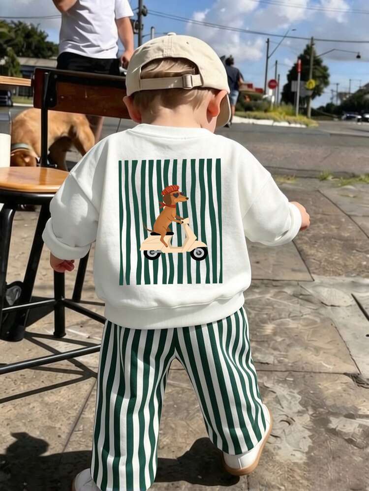 Baby Boy Casual Retro Green Dachshund Print Loose Drop Shoulder Long Sleeve Sweatshirt & Pleated Wide Leg Sweatpants Set, Street Retro Style, Comfortable, Fleece Lined, Kids Autumn Layering, Sportswear, Outings, Street Photography, Campus - Multicolor - View 1