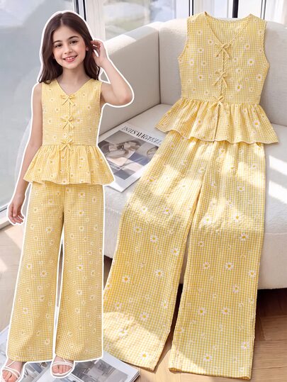 SHEIN Tween Girls 2pcs/Set Plaid Floral Print V-Neck Sleeveless Top And Pants, Summer, Vintage Cowgirl Cute, Casual, Holiday Butter Yellow Family Matching