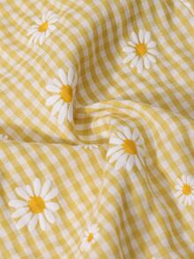 SHEIN Tween Girls 2pcs/Set Plaid Floral Print V-Neck Sleeveless Top And Pants, Summer, Vintage Cowgirl Cute, Casual, Holiday Butter Yellow Family Matching - Yellow - View 5