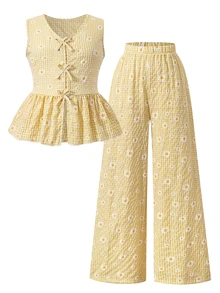 SHEIN Tween Girls 2pcs/Set Plaid Floral Print V-Neck Sleeveless Top And Pants, Summer, Vintage Cowgirl Cute, Casual, Holiday Butter Yellow Family Matching - Yellow - View 7