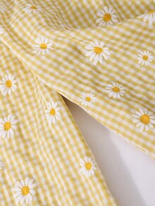SHEIN Tween Girls 2pcs/Set Plaid Floral Print V-Neck Sleeveless Top And Pants, Summer, Vintage Cowgirl Cute, Casual, Holiday Butter Yellow Family Matching - Yellow - View 9