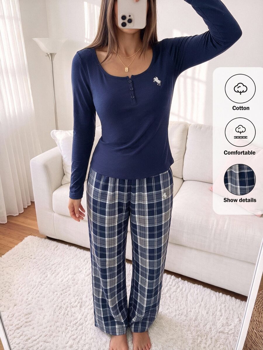 Comfortcana Women's Knight Pattern Top And Plaid Pants Casual Preppy Autumn 2 Pieces Set Clothes Work Lounge Outfits National Day Basic Navy Blue Navy