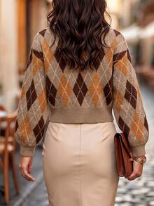SHEIN Women's Cardigan Slim Fit Cropped Knit V-Neck Single-Breasted Ribbed Commuter Brown Beige Caramel Argyle Fall Clothes For Women Sweater Thanksgiving - Khaki - View 2