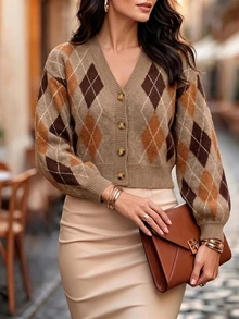 SHEIN Women's Cardigan Slim Fit Cropped Knit V-Neck Single-Breasted Ribbed Commuter Brown Beige Caramel Argyle Fall Clothes For Women Sweater Thanksgiving - Khaki - View 5