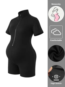 GentleRue Maternity Black Short Sleeve Maternity Sports Jumpsuit With Half Zip Stand Collar Ribbed Elastic Fabric Casual - Black - View 5