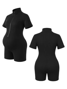 GentleRue Maternity Black Short Sleeve Maternity Sports Jumpsuit With Half Zip Stand Collar Ribbed Elastic Fabric Casual - Black - View 8