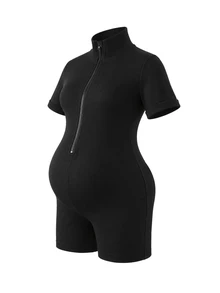 GentleRue Maternity Black Short Sleeve Maternity Sports Jumpsuit With Half Zip Stand Collar Ribbed Elastic Fabric Casual - Black - View 7