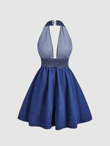 SHEIN LUNE Women's Denim Backless Tie-Front Dress - Blue - View 7