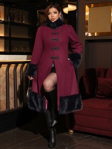 SHEIN Clasi Plus Size Women's Elegant Fairy 1920 Vintage Overcoat With Frog Button Placket And Faux Fur Patchwork Night Out Evening Formal Burgundy Fall Christmas - Red - View 5