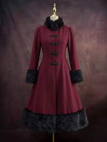 SHEIN Clasi Plus Size Women's Elegant Fairy 1920 Vintage Overcoat With Frog Button Placket And Faux Fur Patchwork Night Out Evening Formal Burgundy Fall Christmas - Red - View 13