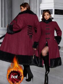 SHEIN Clasi Plus Size Women's Elegant Fairy 1920 Vintage Overcoat With Frog Button Placket And Faux Fur Patchwork Night Out Evening Formal Burgundy Fall Christmas - Red - View 11