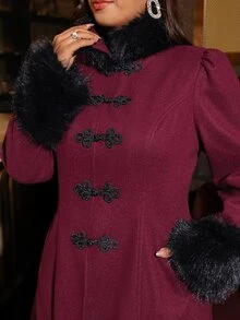 SHEIN Clasi Plus Size Women's Elegant Fairy 1920 Vintage Overcoat With Frog Button Placket And Faux Fur Patchwork Night Out Evening Formal Burgundy Fall Christmas - Red - View 9