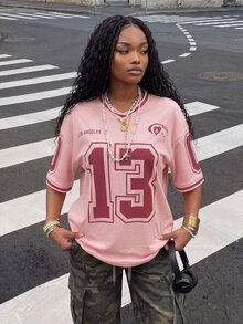 Rovax Women's V-Neck Digital Printed Short Sleeve Patchwork T-Shirt Everyday Going Out Pink Summer Streetwear - Multicolor - View 1