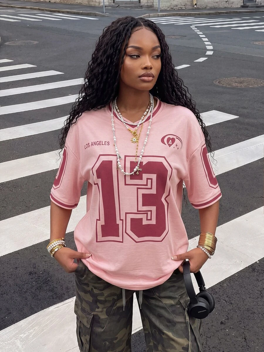 Rovax Women's V-Neck Digital Printed Short Sleeve Patchwork T-Shirt Everyday Going Out Pink Summer Streetwear - Multicolor - View 1
