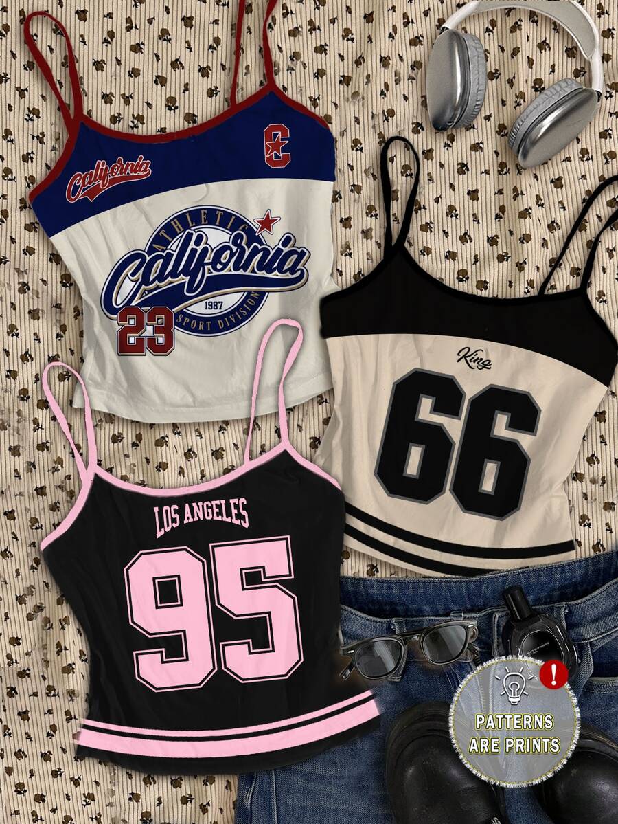 Attitoon 3pcs Plus Size Women Retro Sports Numeric Letter Print Camisole Crop Y2k 90s,Graphic,School,Back-To-School - Multicolor - View 1