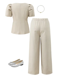 SHEIN Tween Girls 2pcs/Set Round Neck Solid Color Single-Breasted Puff Sleeve T-Shirt And Wide Leg Pants Casual Daily Outfit, Summer - Apricot - View 4