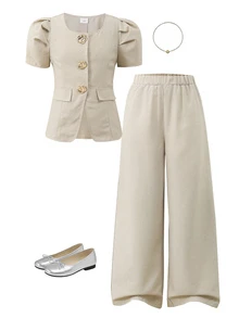 SHEIN Tween Girls 2pcs/Set Round Neck Solid Color Single-Breasted Puff Sleeve T-Shirt And Wide Leg Pants Casual Daily Outfit, Summer - Apricot - View 11