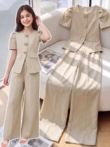 SHEIN Tween Girls 2pcs/Set Round Neck Solid Color Single-Breasted Puff Sleeve T-Shirt And Wide Leg Pants Casual Daily Outfit, Summer - Apricot - View 3