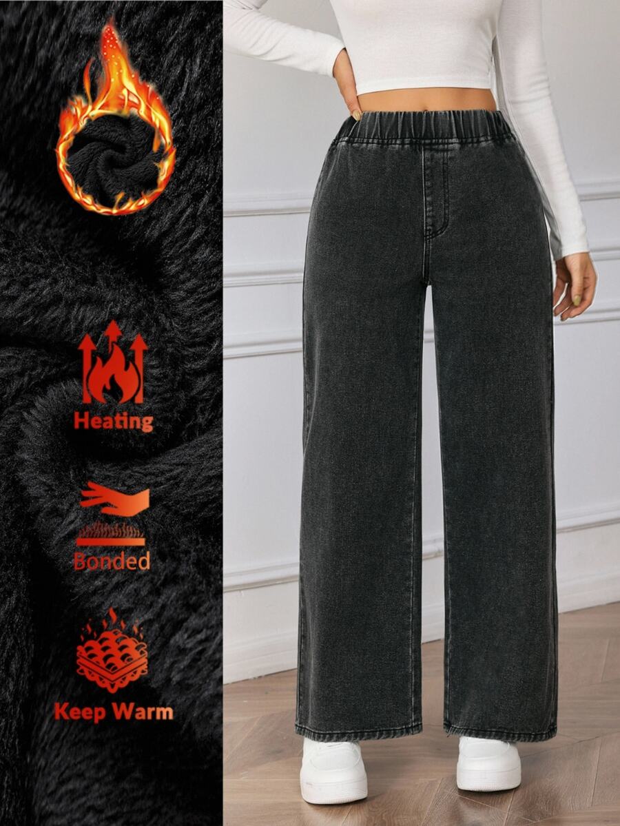 Flexra Women's Elastic Waist Wide Leg Loose Casual Denim Jeans - Black - View 1