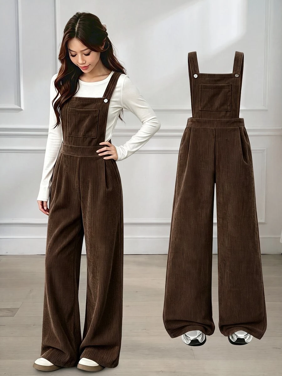 SHEIN Tween Girls Fleece Fall Clothes Autumn/Winter Ribbed Corduroy Adjustable Buckle Elastic Waist Jumpsuit, Thanksgiving School White Chocolate Brown - Brown - View 1