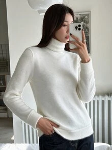 Zovinel Fashionable Women's Autumn High Neck White Long Sleeve Knit Sweater - White - View 1
