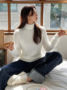 Zovinel Fashionable Women's Autumn High Neck White Long Sleeve Knit Sweater - White - View 5