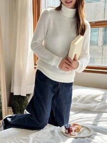 Zovinel Fashionable Women's Autumn High Neck White Long Sleeve Knit Sweater - White - View 6
