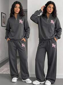 Teen Girls American NY Letter Print Half-Zip Stand Collar Sweatshirt And Straight Leg Sweatpants 2 Pieces Set, Fall Baggy Holiday Formal Dark Gray - Multicolor - View 1