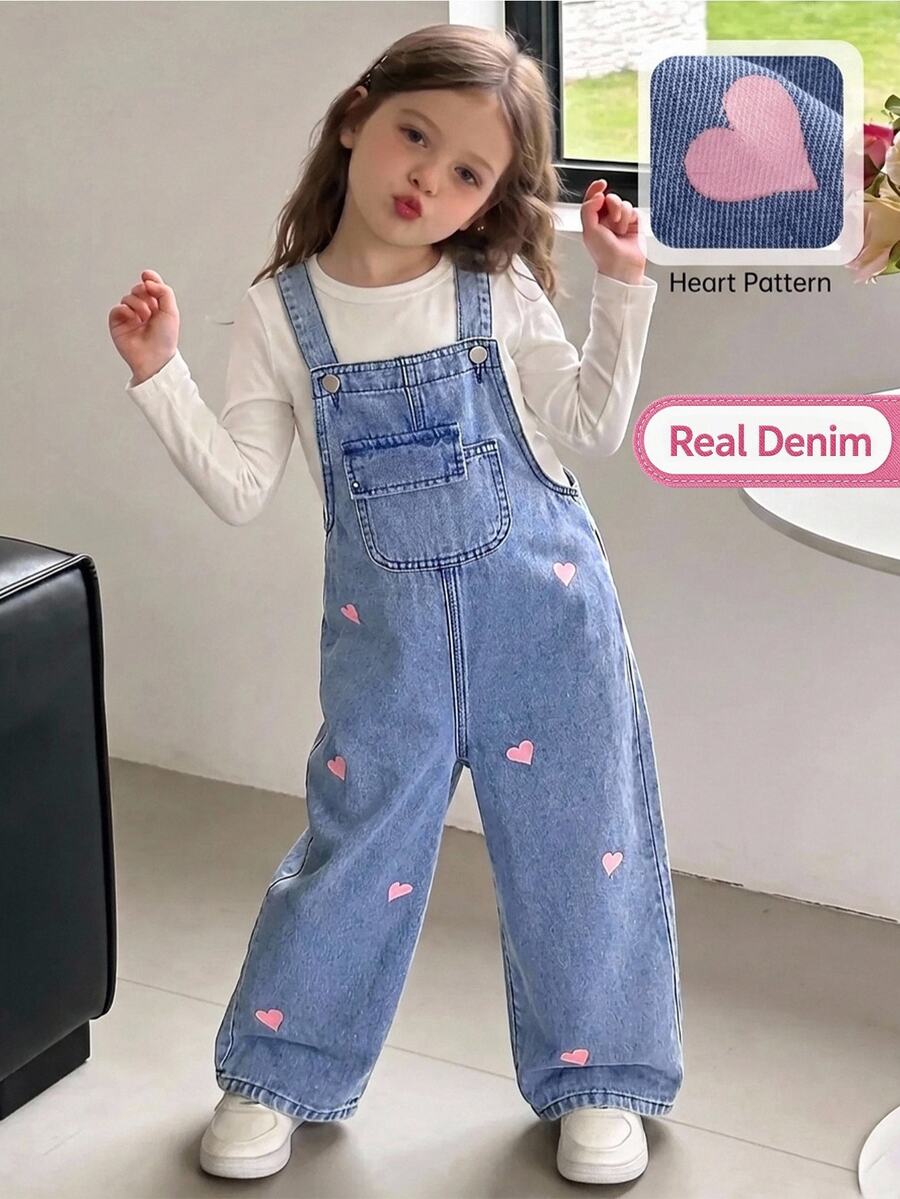 SHEIN Girls' Blue Denim Loose Overalls With Heart Pattern Western Cowboy Cowgirl Fall - Blue - View 1