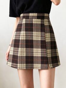 SHEIN Franclia Women's Autumn Plaid Fashion Commute Office College Style Warm Short Skirt - Brown - View 4