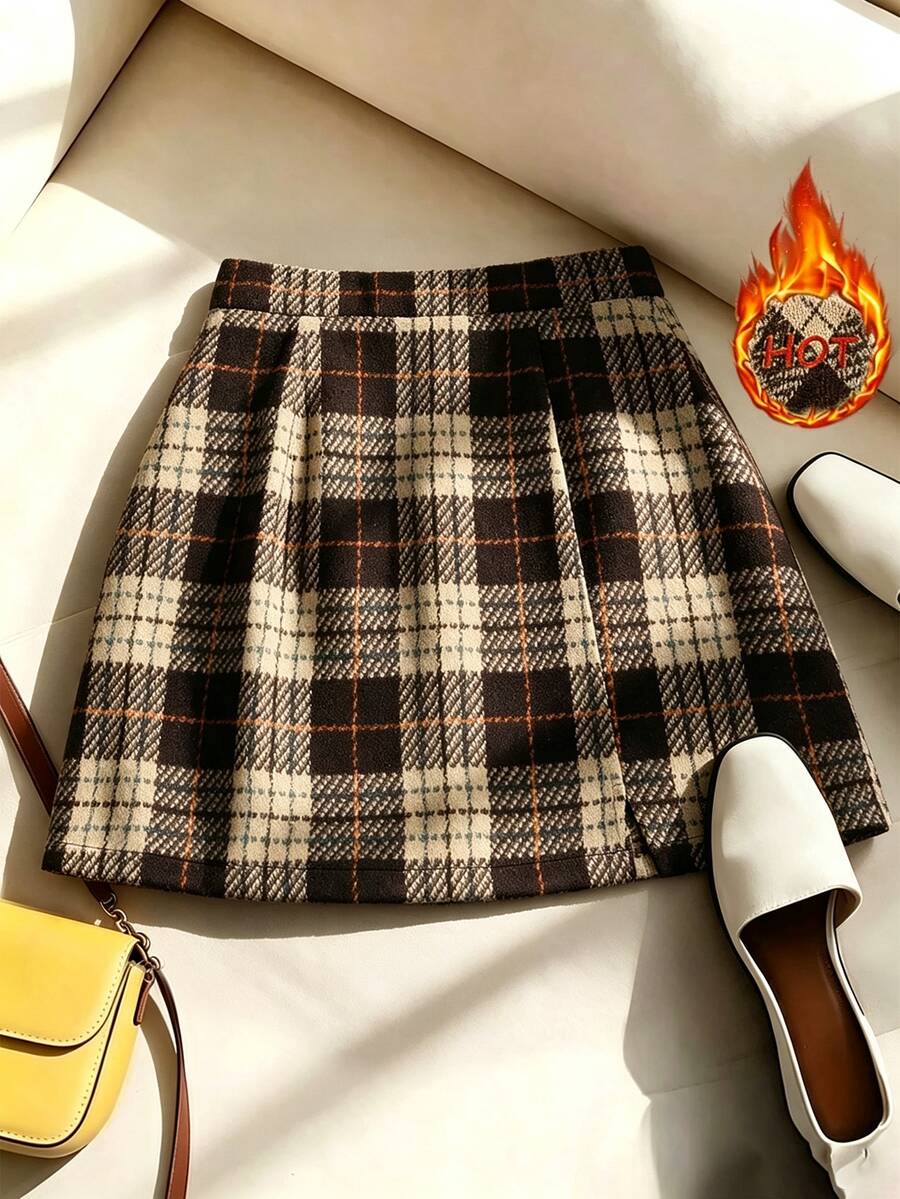 SHEIN Franclia Women's Autumn Plaid Fashion Commute Office College Style Warm Short Skirt - Brown - View 1