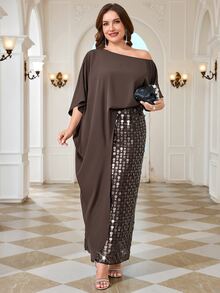 Reflora Plus Size Women Solid Color Asymmetric Hem Asymmetrical Shoulder Blouse And Sequin Skirt Elegant 2 Pieces Set - Brown - View 7