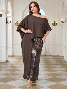 Reflora Plus Size Women Solid Color Asymmetric Hem Asymmetrical Shoulder Blouse And Sequin Skirt Elegant 2 Pieces Set - Brown - View 5