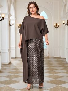 Reflora Plus Size Women Solid Color Asymmetric Hem Asymmetrical Shoulder Blouse And Sequin Skirt Elegant 2 Pieces Set - Brown - View 3