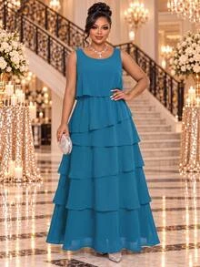 Fleurora Women's Plus Size Solid Color Elegant Party Multi-Layer Ruffle Hem Sleeveless Dress And Lightweight Cover Up 2 Pieces Set Fall - Multicolor - View 2