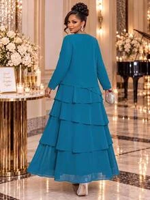Fleurora Women's Plus Size Solid Color Elegant Party Multi-Layer Ruffle Hem Sleeveless Dress And Lightweight Cover Up 2 Pieces Set Fall - Multicolor - View 3