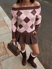 Comfortcana 女款拼色菱格露肩針織衫 秋季上班約會日常上學 Y2K復古學院風 暗黑學院風 2000年代 灰粉色 - 粉色 - 查看 2