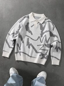 Manfinity Hypemode Autumn/Winter New POLO Collar Jacquard Long Sleeve White & Grey Pullover Sweater For Men, Suitable For Daily Wear, Leisure, Vacation, - White - View 4