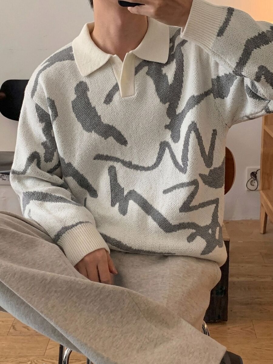 Manfinity Hypemode Autumn/Winter New POLO Collar Jacquard Long Sleeve White & Grey Pullover Sweater For Men, Suitable For Daily Wear, Leisure, Vacation, - White - View 1